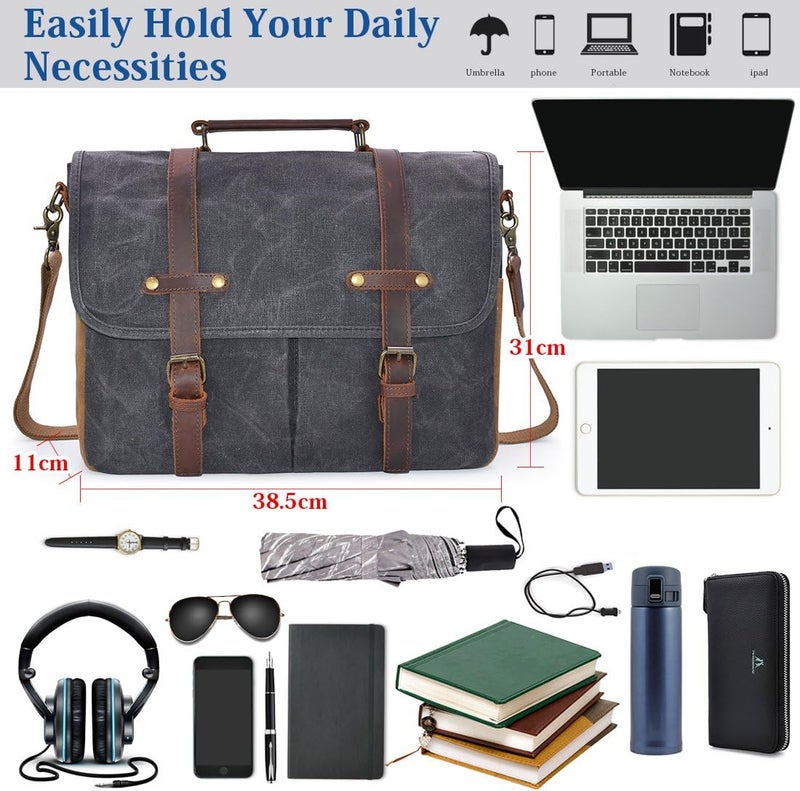 NEWHEY Mens Messenger Bag 15.6 Inch Waterproof Vintage Genuine Leather Waxed Canvas Briefcase Large Satchel Shoulder Bag Rugged Leather Computer Laptop Bag, Grey - Image 4